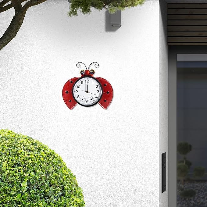 Outdoor Clock with Thermometer and Hygrometer Combo, 13 Inch | Silent No-Ticking, Wall-Mounted Clock Waterproof for Patio, Living Room, Kitchen, Red