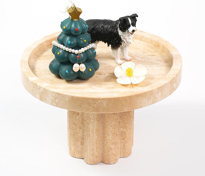 Travertine Marble Perfume Tray - Round Decorative Stone Pedestal with A Scalloped Leg for Bathroom Vanity Coffee Table Kitchen Countertop, Footed Jewelry Holders Organizers