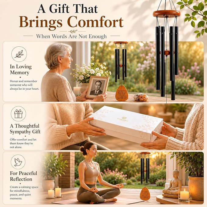 Memorial Wind Chimes for Loss of Loved One - 28 in. Sympathy Wind Chime Gift with Keepsake Stone & Message Card, Calming Tone, Wood Mute Damper, Garden Porch Patio Decor for Outside