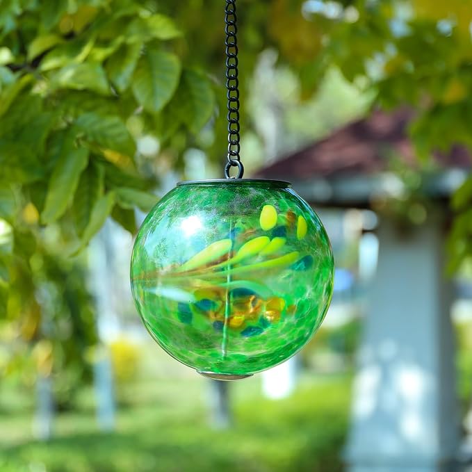 VCUTEKA Glass Solar Lanterns Outdoor Green Hanging Solar Lights for Outside | Solar Lanterns Outdoor Waterproof with Hook, Energy-Efficient LED White Glass Gazing Ball Lights for Garden, Yard Decor