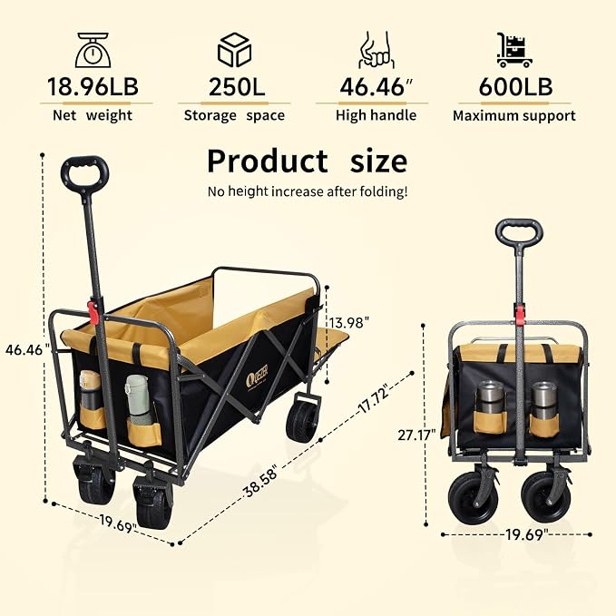 56" Large Collapsible Folding Wagon with Tailgate and Brake, 600LBS Heavy Duty Utility Cart, 250L Large All-Terrain Beach Wagon for Camping Garden Shopping Grocery Sports