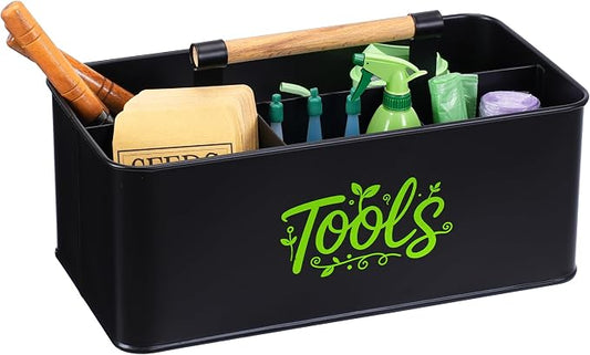 Gardening Tool Caddy, Garden Tool Basket with 4 Compartments, Metal Garden Caddy with Wooden Handle for Indoor & Outdoor