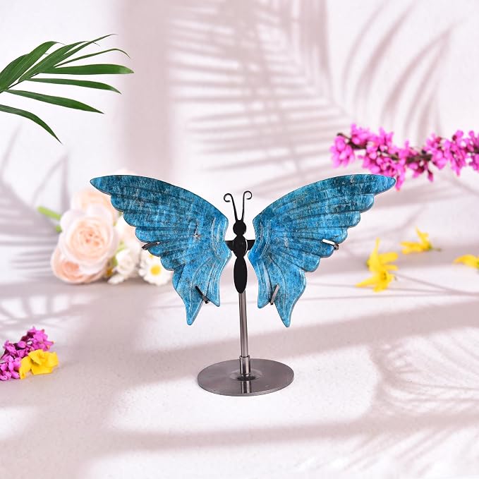 JIC Gem Large Blue Apatite Quartz Crystals Butterfly Figurine Decorative Stones Natural Rocks Healing Crystal Carved Angel Wings with Display Decor Reiki Gifts (1pair, 10cm)