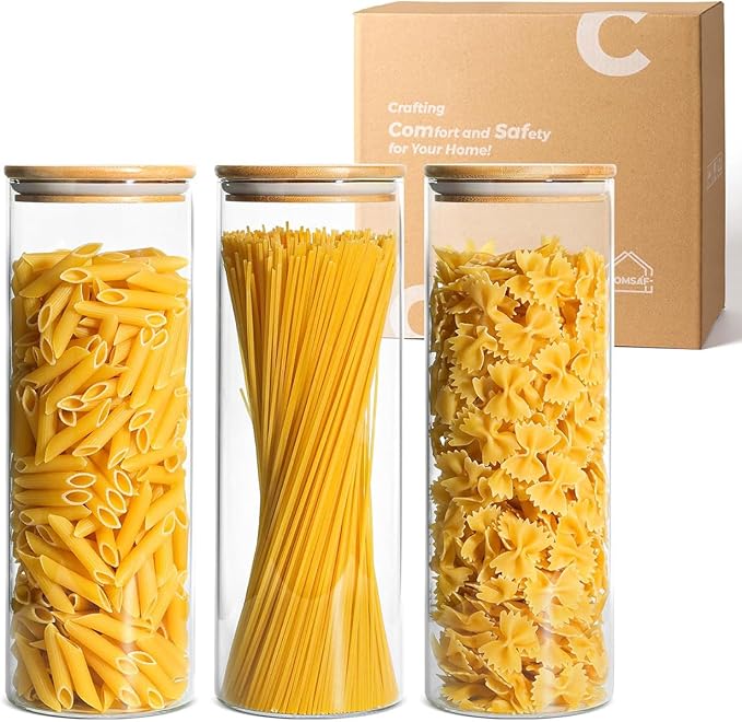 ComSaf Pasta Containers Storage 2 Qt, Spaghetti Container, 3 Pack Glass Jar | 11.3-inch Tall Glass Jar, BPA Free, Glass Storage Containers wtih Lids, Noodles, Cereal, Dry Food Storage, 70oz Pasta Holder