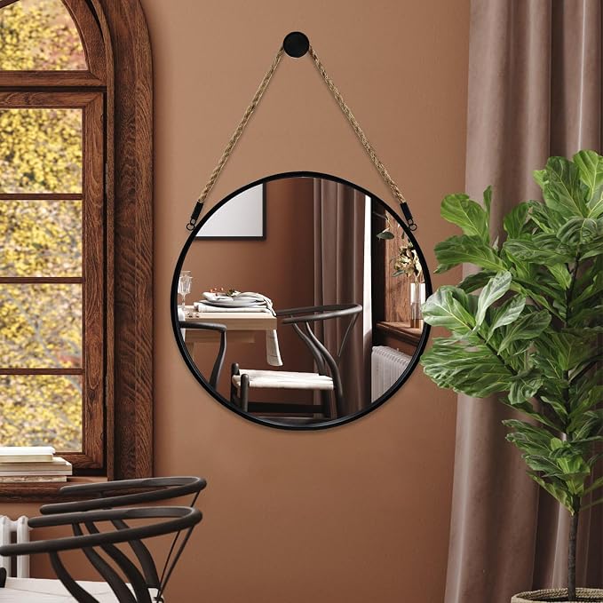 POZINO 20" Round Mirror with Black Metal Frame, Hanging Mirror for Wall | Circle HD Mirror with Jute Rope, Anti-Rust, Farmhouse Decorative Wall Mirror for Entryway, Living Room, Fireplace, Bathroom