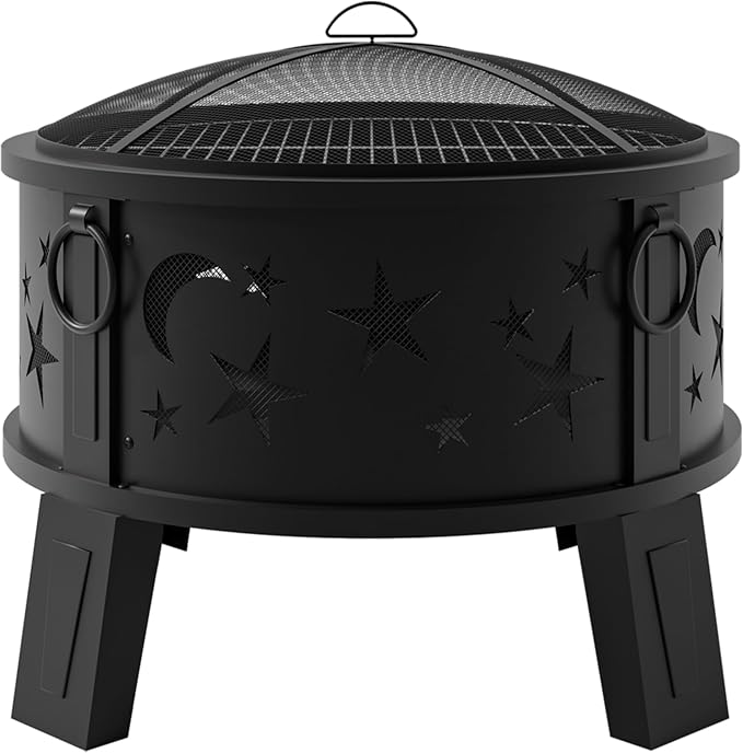 Kingson 26" Outdoor Fire Pit with Grill & Mesh Cover, Wood Burning Steel Firepit with Poker & Star Spark Screen, Heavy Duty Patio Fire Bowl for Backyard, Camping & Garden