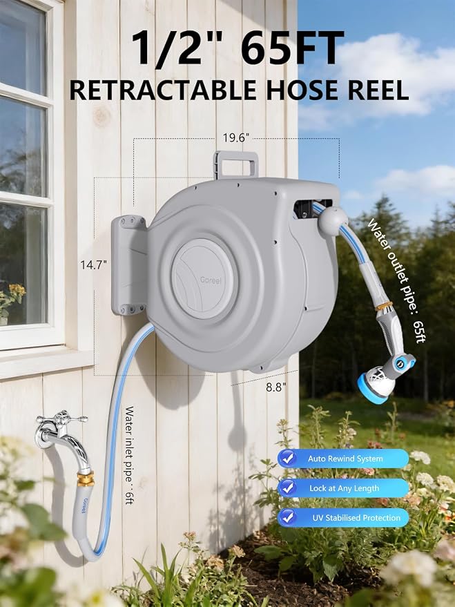 Retractable Garden Hose Reel 1/2 in x 65 ft Heavy Duty Automatic Water Hose Reel with 10-Function Sprayer Nozzle Kink-Free Auto Rewind Any-Length Lock 180° Swivel UV Resistant - Light Gray