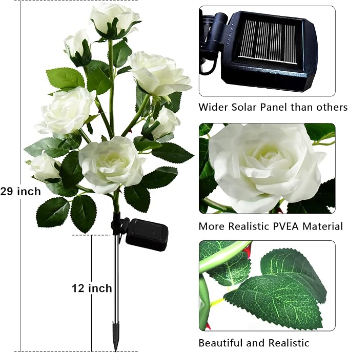NQN Upgraded 4 Pack White Outdoor Solar Powered 7 Rose Flowers Garden Stake Light, LED Solar Powered Light Decorative Flower Lamp, Waterproof Solar Decorative Light for Garden Yard Patio Pathway Light