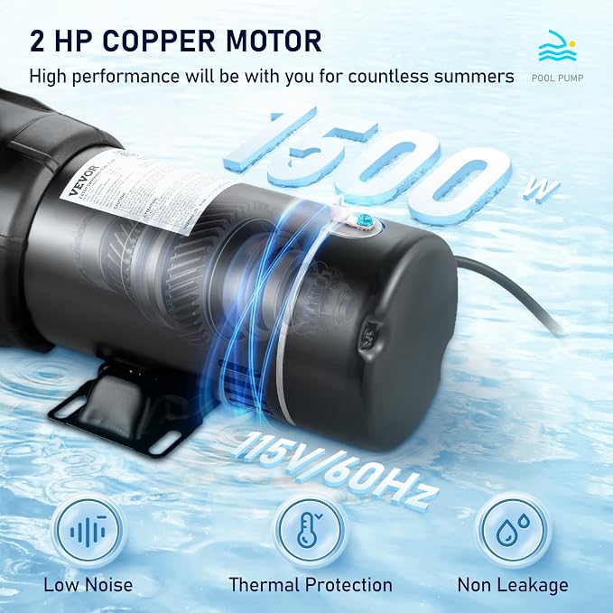 VEVOR Swimming Pool Pump 2 HP 6090 GPH Max Flow Single Speed Pump, 115 V | for Above Ground Pool, 53 ft Max Head Lift, Pure Copper Motor, with Strainer Basket & Lid, Certification of ETL for Security