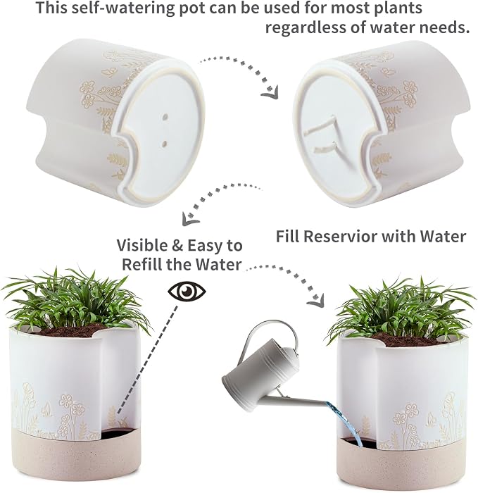 Nihow Self Watering Pots for Indoor Plants,8 Inch,White & Nature | Hand Painting,Ceramic Planter, Drainage Hole & Water Storage Plus, Cylinder Round Flower Pot, For Succulent/Herbs/Violets