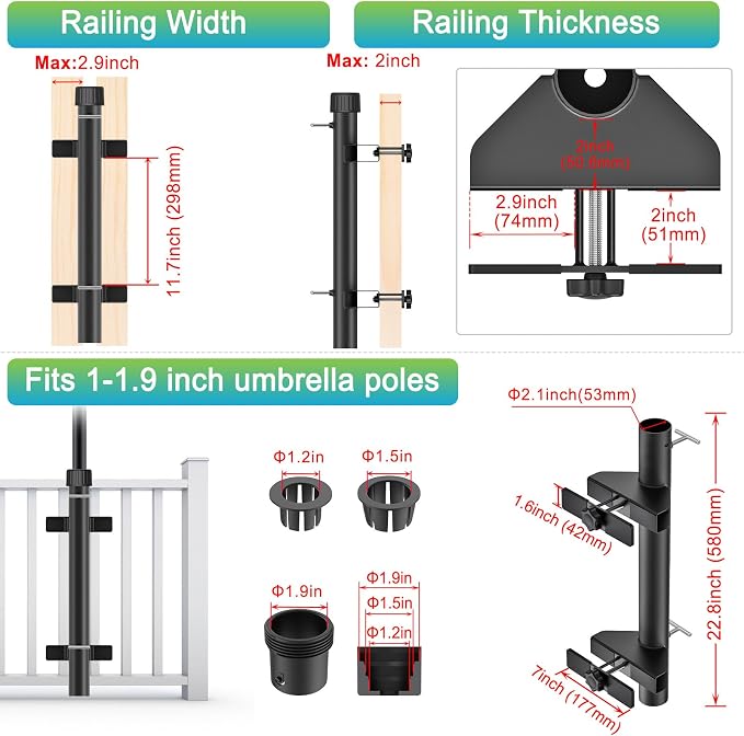 Dolibest Heavy-Duty Railing Umbrella Mount, Fits 1“-1.9” Poles, All-Welded Steel Mount Umbrella Holder with Sleeves, Space-Saving Deck Umbrella Holder, Outdoor Shade Holder for Porch & Patio, Black