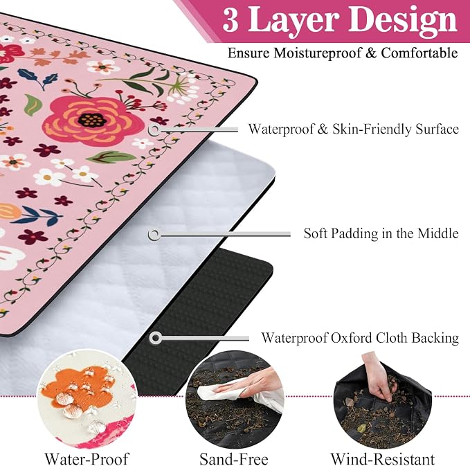 Picnic Blankets Waterproof Foldable Extra Large,80"x 80" Outdoor Beach Blanket Sandproof,3-Layer Lightweight Handy Mat Tote Picnic Camping Rugs for Outside Your Rv (Boho Vintage Floral Pink)