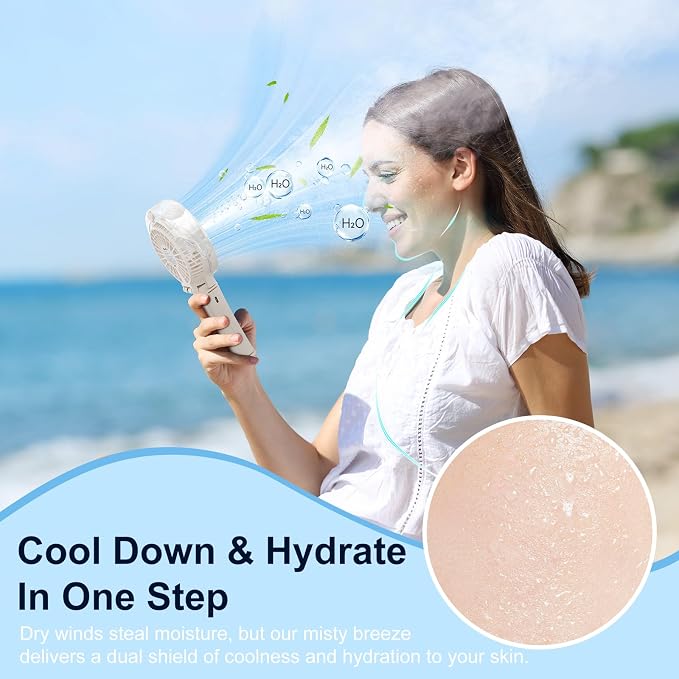 HandFan Upgraded Portable Handheld Misting Fan, Personal Mister Fan Rechargeable, Spray Water Mist Fans, Foldable Mini Cooling Hand Fans for Summer, Beach, Travel, Outdoors, Makeup, Disney(Beige)