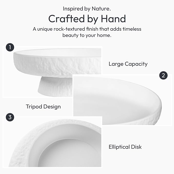 Granite Inspired Matte White Fruit Bowl | Wide, Shallow Textured Pedestal Bowl | 11 Inch Unique Centerpiece for Table or Decor for Entryway Table