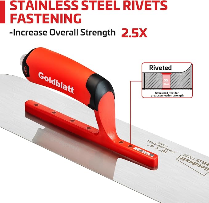 Goldblatt RED Stainless Steel Pool Trowel, 16"x 4" Professional Drywall Masonry Trowel with Soft Grip Handle, Lightweight Magnesium Shank, Round End, Plastering Trowel for Drywall Wallboard