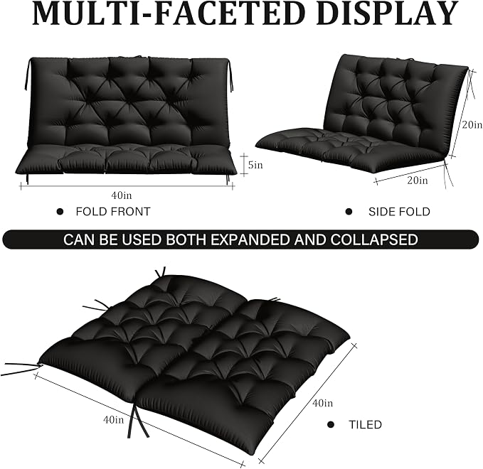 Porch Swing Cushion with Backrest,Waterproof Bench Cushion for Outdoor Furniture,2-3 Seater Replacement Thickened 5 in swing cushion,with Ties,Patio,Outdoor,Backyard and Garden (Black,40x40 in)