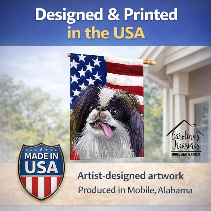 Caroline's Treasures CK6580CHF Japanese Chin American Flag House Flag Large Porch Sleeve Pole Decorative Outside Yard Banner Artwork Wall Hanging, Polyester, House Size, Multicolor
