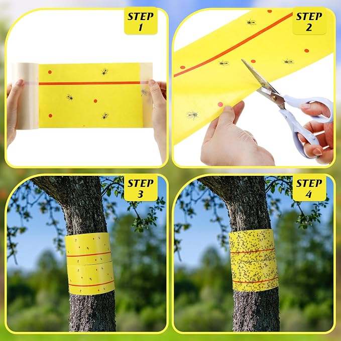 12 Rolls Spotted Lantern Fly Tree Trap 30 Feet Each Roll Lanternfly Tree Outdoor Fruit Fly Sticky Strips Paper Insect Sticky Barrier Trunk Wraps to Protect Plant, Lawn, Garden(Yellow and Red)
