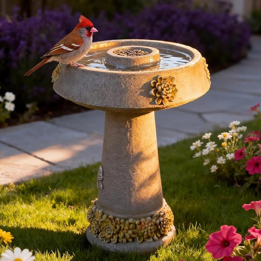 Bird Bath and Bird Feeder for Garden, 24" Resin Outdoor Fountain with 3D Butterfly & Petal Relief, Weather-Resistant Pedestal Water Feature for Yard, Patio, and Lawn Decor (Grey)