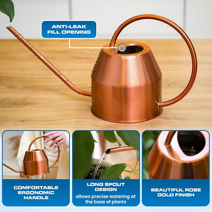 Plexon Rose Gold Metal Watering Can Indoor Plants 40 oz, Stainless Steel Long Spout Watering Can Outdoor House Plant Flower, Garden