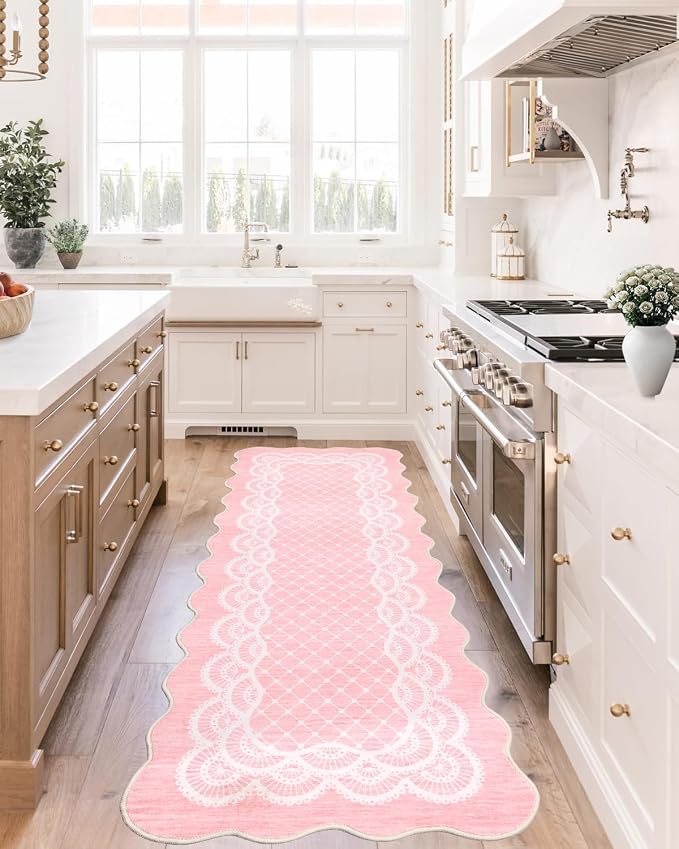Garvee Washable Rug Runner 2x6 Scalloped Hallway Kitchen Rugs Pink | 2x6 Rugs Runner, Non-Slip Modern Bedside Rug, Non-Shedding Low Pile Carpet Runners for Laundry Room Entryway Nursery