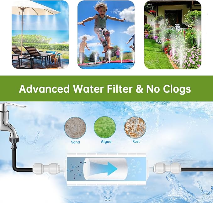 Funpynani 30FT Outdoor Misting Cooling System‌ - Patio Garden Kit with ‌Brass Nozzles & UV Tubing‌, DIY Install for ‌Pool, BBQ, Greenhouse‌, Water-Saving High Pressure Cooler