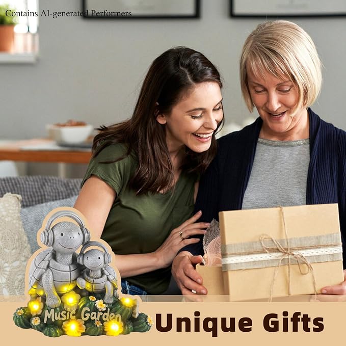 Solar Garden Turtle Statue 5.9"with Headphones,Solar Statue with 5 LED Lights,Anti-Fade Stone Texture Turtle Gifts for Women Men Mom Dad,Unique Resin Lawn Ornaments for Patio Yard Lawn Balcony