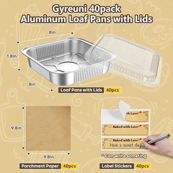 Gyreuni 40 Pack Disposable Aluminum Foil Loaf Pans with Lids Stickers and Parchment Paper Sheets-8" X 8" X 1.6" Disposable Square Baking Cake Pans-Aluminum Foil Tins Portable Food Containers Kit