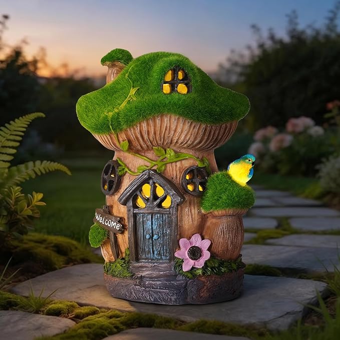 Mushroom Fairy Garden House, Solar Fairy House for Outside Decor with Bird, Outdoor Garden Statues for Yard, Lawn, Balcony,Patio, Outdoor Figurine Lights Gifts for Mom Women