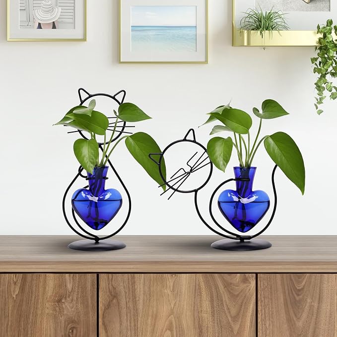 Plant Terrarium Plant Propagation Station Cat Lover Gifts for Women | Plant Lovers Home Office Decor Cat Desk Accessories