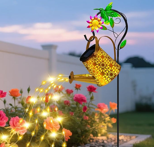 Solar Metal Watering Can with Hummingbird Shepherd Hook and Cascading Lights, Outdoor Solar Lantern for Garden, Yard, Patio Decor and Gardening Gifts for Women Mother's Day
