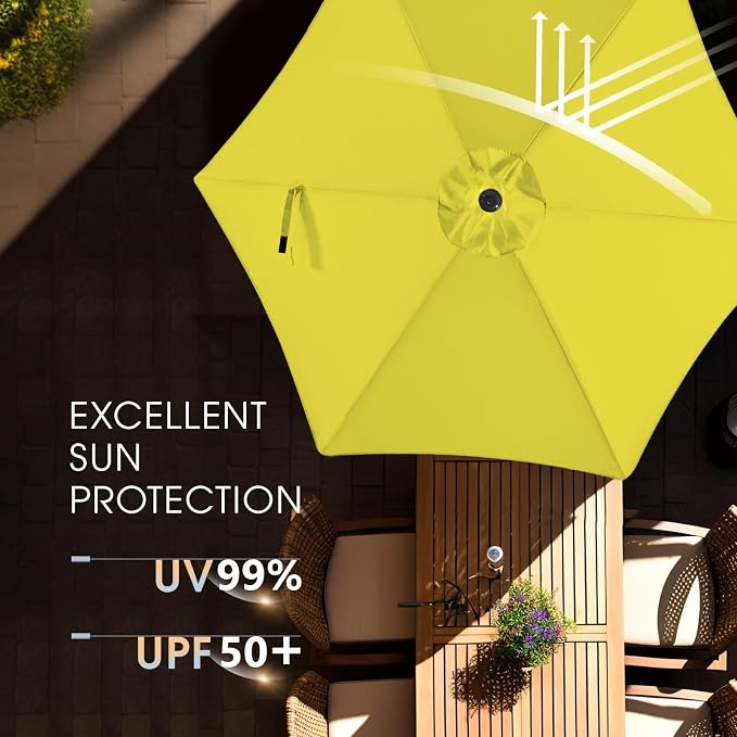 wikiwiki 7.5FT Patio Umbrella with Base, Outdoor Umbrellas with Base Included, 6 Sturdy Ribs, Waterproof Fade Resistant POLYESTER DTY Canopy for Deck, Lawn, Garden, Backyard & Pool, Yellow