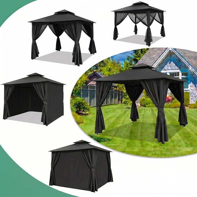 COBIZI 10x10 Gazebo with Double Roof & Mosquito Netting Outdoor Heavy-Duty Party Tent, Patio Tent with Zipper Screens - Backyard Garden Lawn Shelter Includes Wind Ropes Expansion Bolts, Black