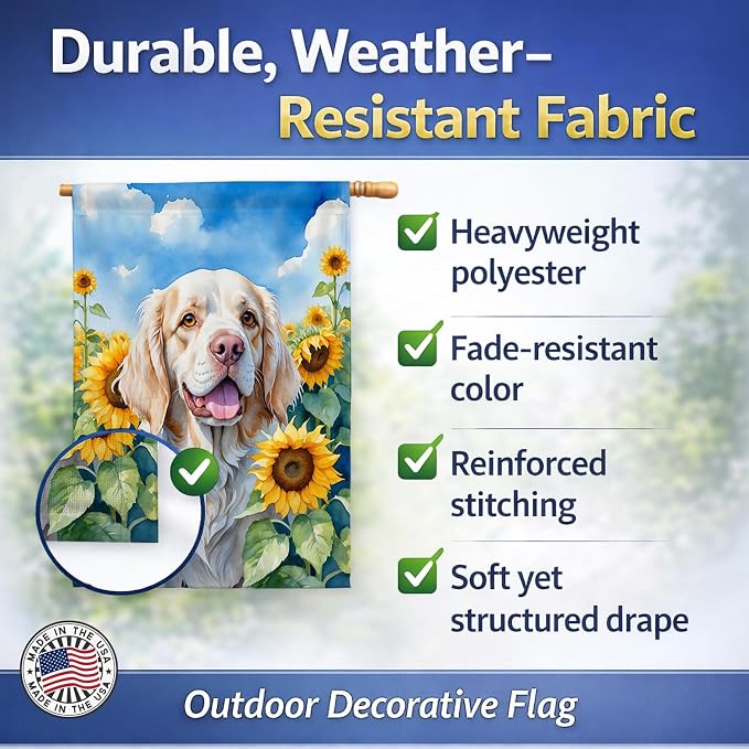 Caroline's Treasures DAC6056CHF Clumber Spaniel in Sunflowers House Flag Large Porch Sleeve Pole Decorative Outside Yard Banner Artwork Wall Hanging, Polyester, House Size, Multicolor