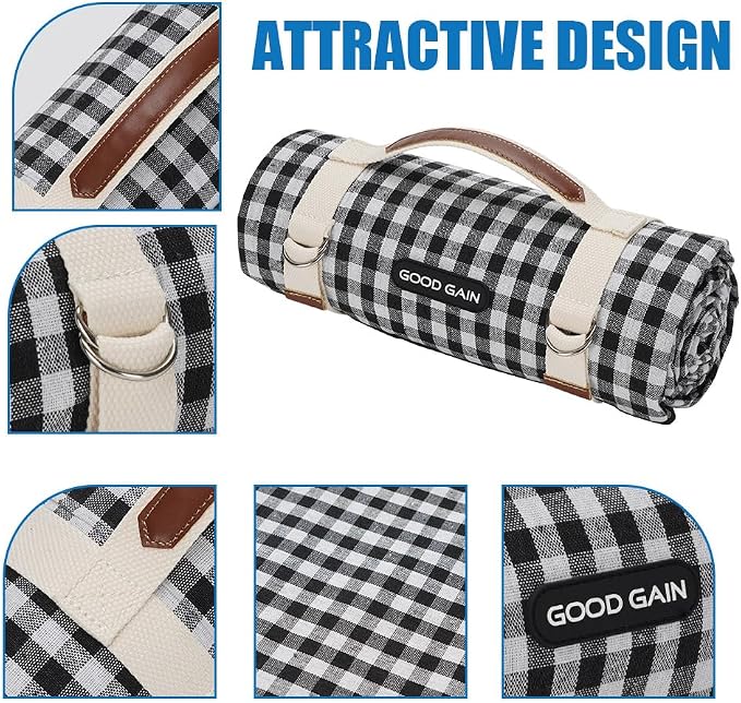 Picnic Outdoor Blankets Waterproof Extra Large - Beach Mat Sand Free Foldable with Carry Strap | Portable Camping Blanket | Park Blanket for Grass Park, Hiking, Travel, Concerts, Indoor (Black)