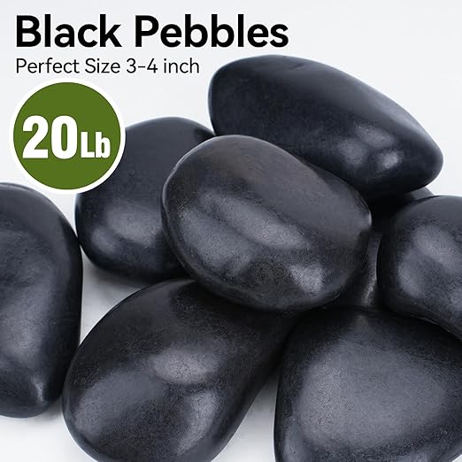 Pulovin 20 lbs Black Stones for Plants Indoor, 3-4 Inch Decorative River Rocks for Plants, Flower Pots, Vase, Polished Garden Stones for Outdoor Landscaping, Walkways, Yard