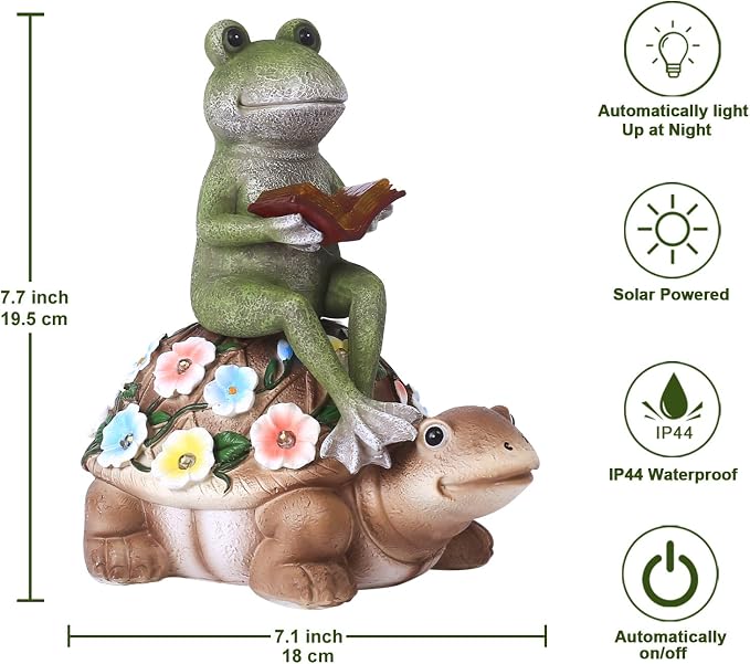 Nacome Solar Frog Riding Turtle Statue for Garden Decor | Outdoor Statues for Patio, Yard, Balcony Ornament, Turtle Gifts for Women/Mom/Grandma, Mom's Best Gift