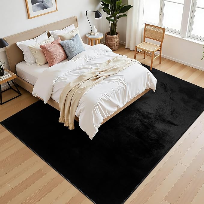SHACOS Ultra Soft Faux Rabbit Fur Area Rug 6'x9', Non Slip Washable Padded Living Room Rugs, Fluffy Cozy Indoor Modern Carpet for Bedroom Dining Room Kids Room Dorm Home Decor, Black