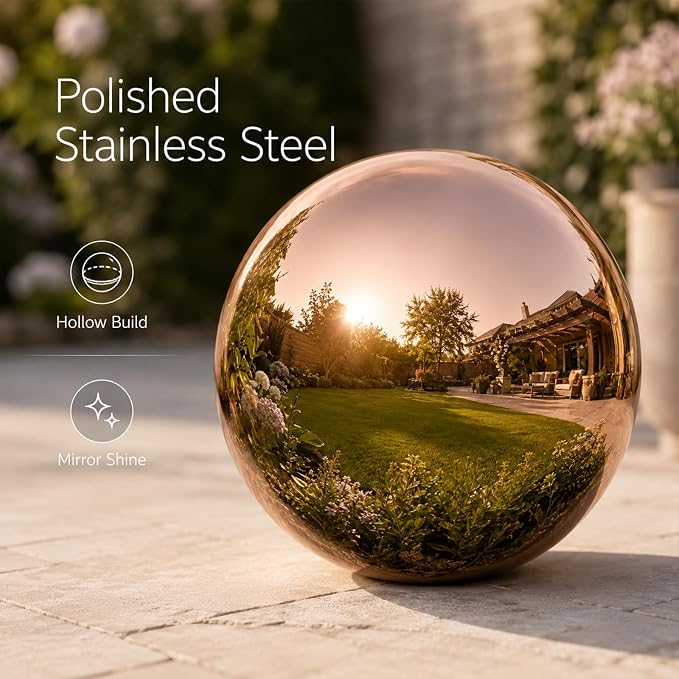 Gazing Ball Garden Mirror Outdoor 10Inch Outside Decorative Globe Rose Gold | Metal Polished Reflective Sphere, Stainless Steel Hollow Decoration Ornament for Home Pond Swimming Pool Housewarming Gift