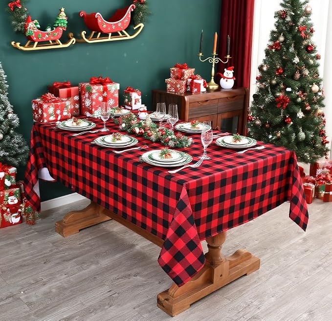 Waterproof Christmas Plaid Tablecloth Fabric - Red Oblong 52x70 Inch Classic Buffalo Tartan Festive Table Cloth for Indoor Use - New Year Tabletop Cover for Dinner, BBQs, and Parties