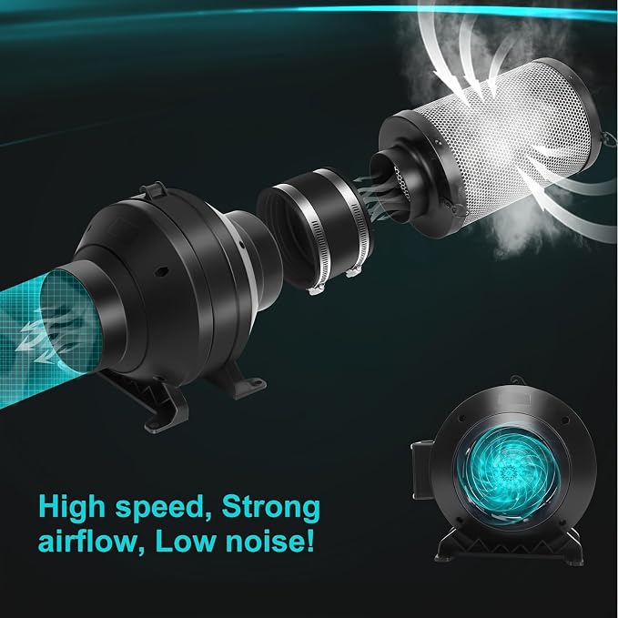 Air Filtration Kit, 4" 190 CFM Inline Duct Fan with Speed Controller, 12" High Carbon Filter, 8 Ft Ducting & Rubber Coupler, Air Cooling and Filtration Kit for Grow Tent, Hydroponics