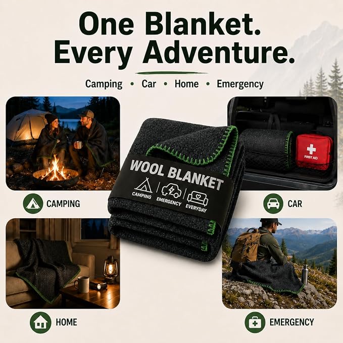 Wool Camping Blanket 10-Pack - 70% Wool Heavy-Duty Military Style Throw, Warm & Washable, Fire Retardant Cover for Emergency, Survival & Outdoor Use – For Camping, Car, Home & Hiking, Grey 66x90