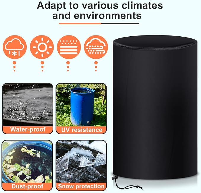 Amylove 55 Gallon Drum Cover, 210D Oxford Cloth Water Storage Barrel Cover, 25 x 37 Inch Outdoor Waterproof Rain Snow Bucket lid with Drawstring, UV Protection, Anti Dust(Black,1 Pcs)