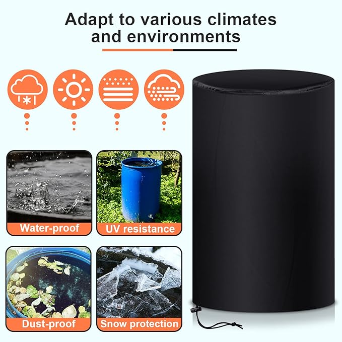 Amylove 55 Gallon Drum Cover, 210D Oxford Cloth Water Storage Barrel Cover, 25 x 37 Inch Outdoor Waterproof Rain Snow Bucket lid with Drawstring, UV Protection, Anti Dust(Black,4 Pcs)
