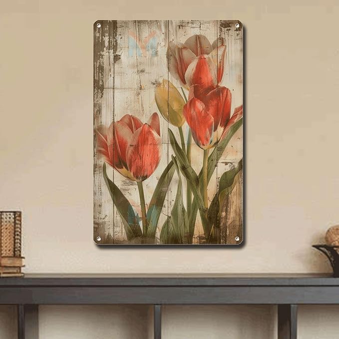 Metal Sign Tin Sign Vintage Wall Art Shabby Chic Tulips Tin Sign for Rustic Elegance Vintage Style and Distressed Wood Panels Garage Sign for Restaurant 6×8 Inches