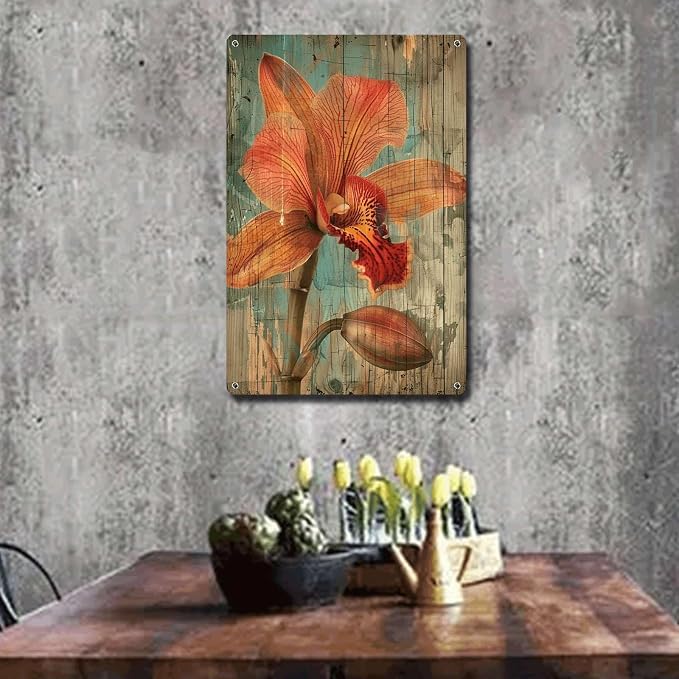Metal Sign Tin Sign Vintage Wall Art Shabby Chic Orchid Tin Sign for Exotic Flora Art Vintage Wall Displays and Distressed Wood Panels Funny Bathroom Decor for Club 12×16 Inches
