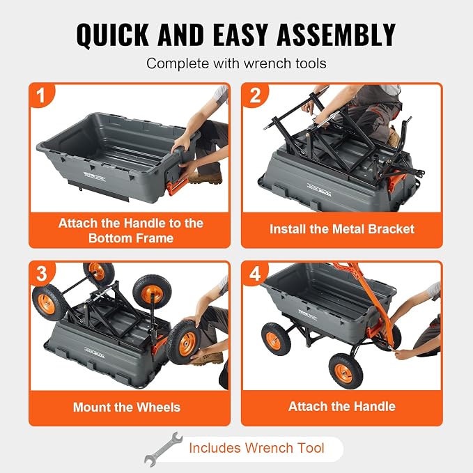VEVOR 1500lbs Poly Garden Dump Cart Wheelbarrow Wagon with 2 in 1 Convertible Handle, Heavy Duty Yard Cart Wagon for with 13in All Terrain Wheels, Dump Trailer Tow Behind for Lawn Mower Tractor