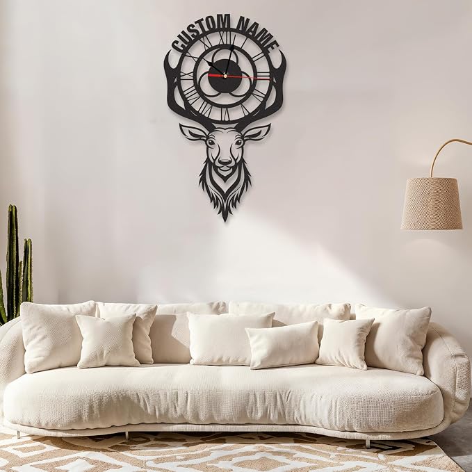 Personalized Indoor Outdoor Wall Clock, Deer Metal Cabin Decor, Custom Name Retro Art Hanging Clock, Hunter Gift, Large Roman Numeral Outdoor Wall Clocks for Patio Farmhouse Living Room Decor