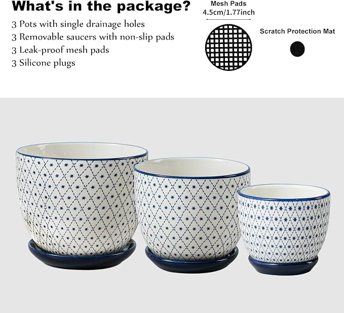 Ceramic Plant Pots - 3.5+4.6+5.6 Inch Flower Pots for Indoor Plants - Planters with Drainage Holes and Saucers Orchid, Herbs, Succulent, Cactus, Home Decor, Set of 3, Vintage Blue, Star