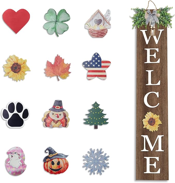 flowtorely Interchangeable Outdoor Welcome Sign for Front Porch Standing 47"×8" Set of 3 Large Wood Frame with 12 Pcs Icons Vertical Tall Leaner Outside Welcome Sign for Front Door Decor (Wood)
